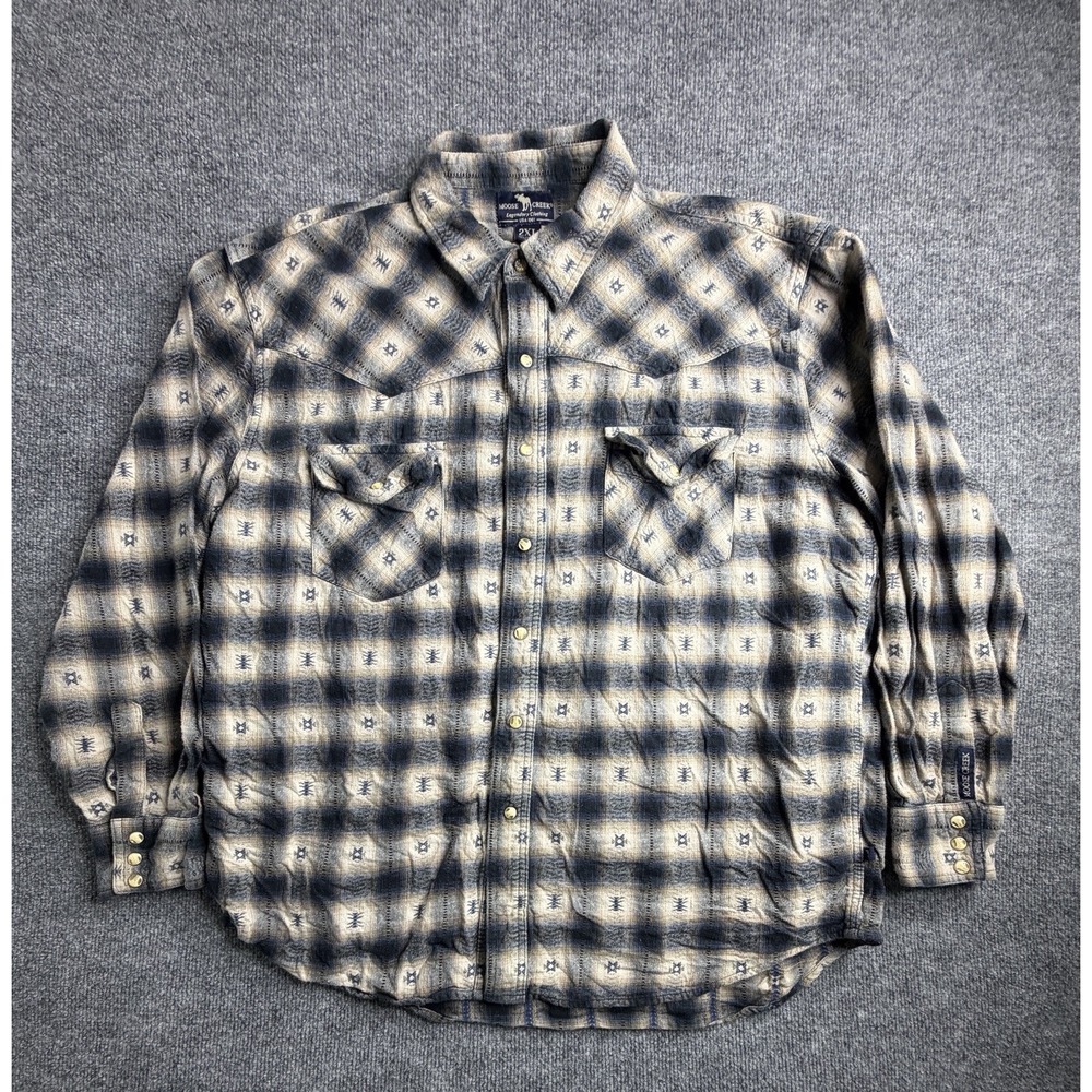 Vintage Moose Creek Men's Button Down Blue Check Board Flannel Rodeo Western 2XL